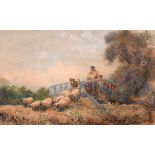 Robert Thorne Waite (1842-1935) British. Shepherd and Flock crossing a Bridge, Watercolour,