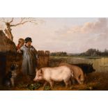 Edmund Bristow (1787-1876) British. “Country Life”, Two Young Boys with Pigs and a Dog, Oil on