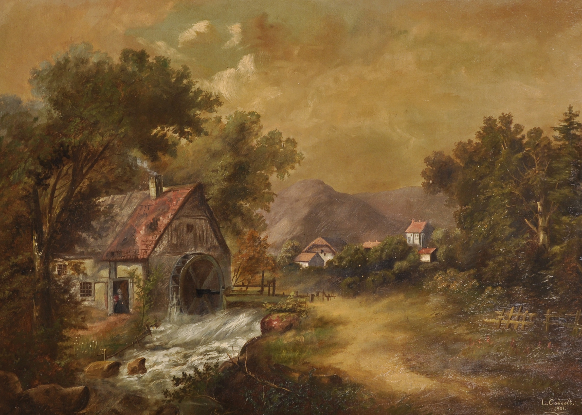 L… Calcott (19th – 20th Century) British. An Alpine Scene, with a Mill House, Oil on Canvas,