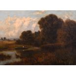 Manner of John Clayton Adams (1840-1906) British. A River Landscape with a Figure in a Boat, Oil