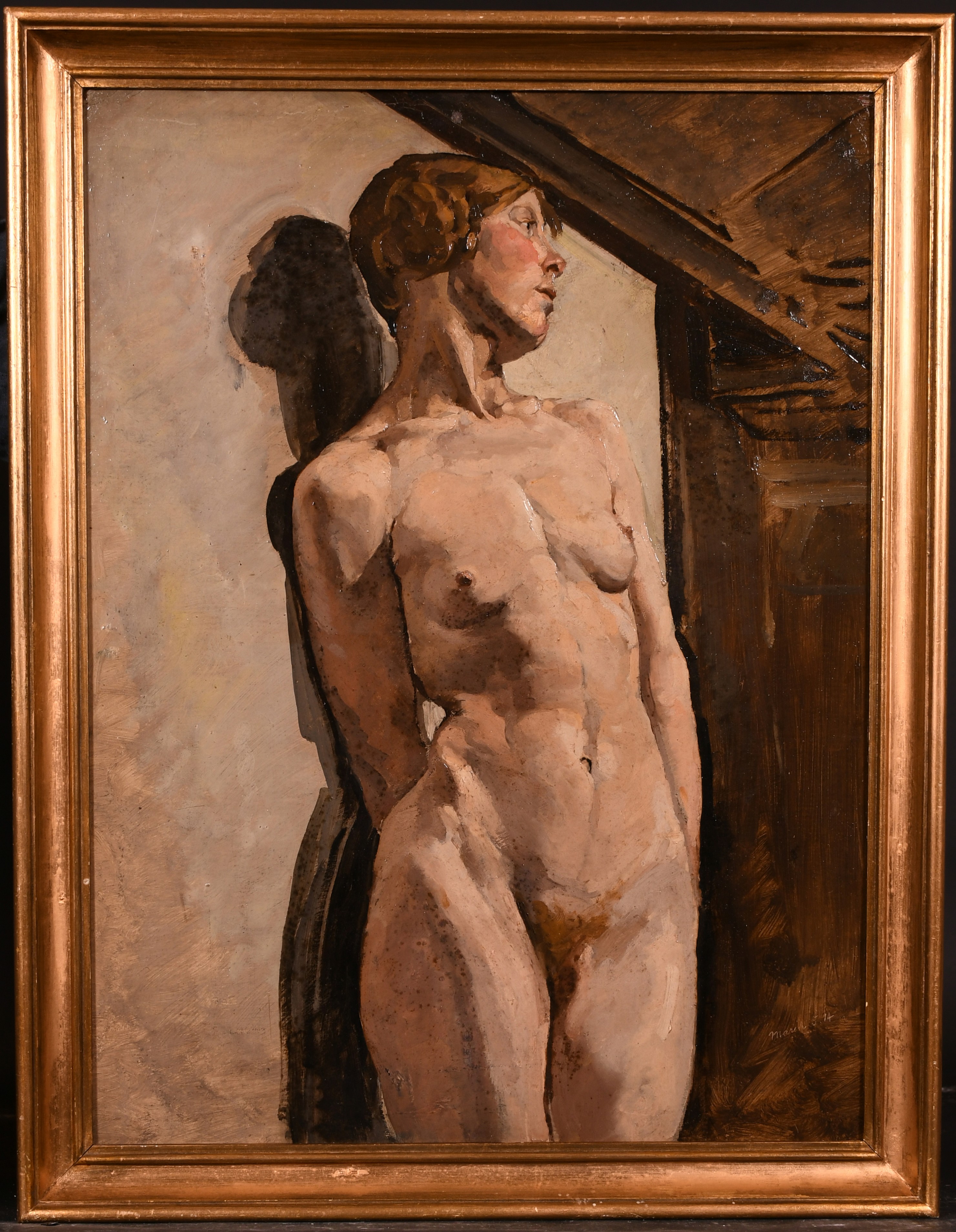 20th Century English School. A Standing Nude, Oil on Board, Signed and Dated ‘March 5.14’ - Image 2 of 5