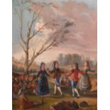 19th Century Spanish School. Elegant Figures Dancing in a Garden, Oil on Canvas, 15.5” x 12.5” (39.4