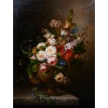 20th Century Continental School. A Still Life of Flowers in an Urn, Oil on Canvas, 40” x 30” (101.