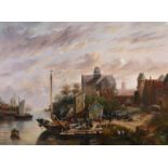 20th Century Dutch School. A Canal Scene with Figures boarding a Boat, Oil on Canvas, 12” x 16” (