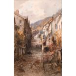 Alfred Leyman (1856-1933) British. “Clovelly”, a Street Scene, Watercolour, Signed, and Inscribed on