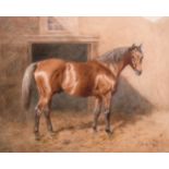 Alfred Bright (1860-1936) British. “Wenlock”, a Bay Hunter by a Stable Door, Watercolour, Signed,