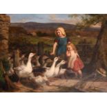 George Augustus Holmes (1822-1911) British. ‘Releasing the Geese’, with two Young Girls, Oil on
