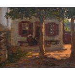 Early 20th Century Continental. A Courtyard with Figures on a Bench, Oil on Canvas, Indistinctly