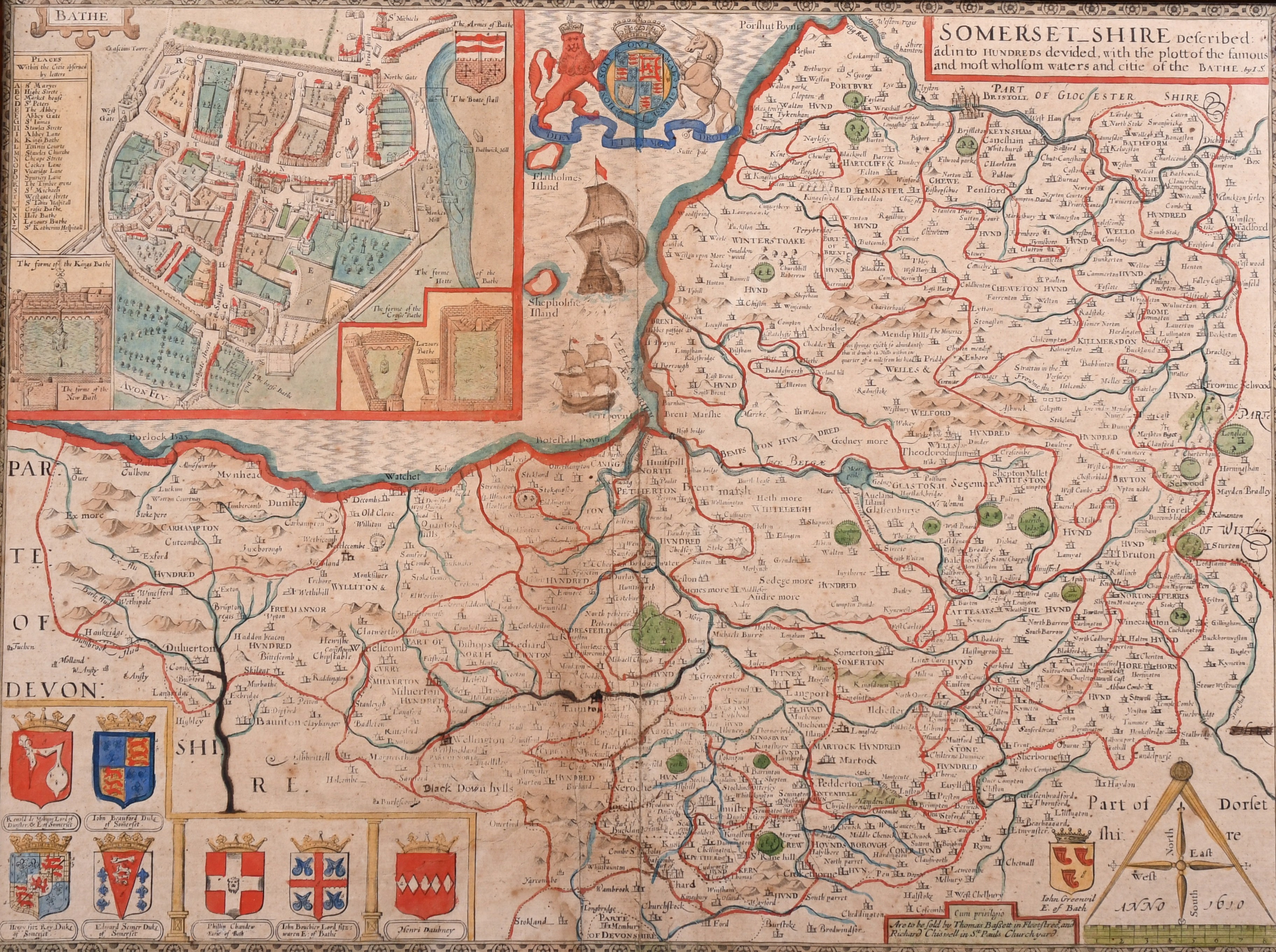 John Speed (1552-1629) British. “Somerset Shire” Circa 1610, Map, 15” x 19.5” (38 x 49.5cm)