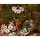 Oliver Clare (1853-1927) British. A Still Life of Primroses and a Bird’s Nest, Oil on Canvas,