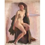 20th Century English School. Study of a Naked Lady seated on a Chair, Oil on unstretched Canvas,