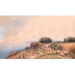 Tom Rowden (1842-1926) British. Shepherd and Flock on a Clifftop Path, Watercolour, Signed, 17.25” x