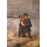 19th Century English School. Two Young Children with Inquisitive Geese, Oil on Canvas, Signed with