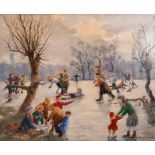 Deirdre Henty Creer (1925-2012) Australian/British. A Winter Scene, with Figures Skating, Oil on