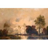 A… Herbe (20th Century) French. A River Landscape with a Cottage in the distance, Oil on Canvas,