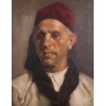 20th Century English School. Head Study of a Man wearing a Red Hat, Oil on Canvas, 18” x 14” (45.7 x