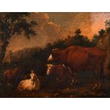 Attributed to Adriaen van de Velde (1636-1672) Dutch. Cattle in a Landscape, Oil on Canvas, 10” x