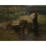 Thomas Callender Campbell Mackie (1886-1952) British. Fisher Folk in a Harbour Scene at Dusk, Oil on