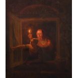 Manner of Petrus Van Schendel (1806-1870) Dutch. Figures in a Window by Candlelight, Oil on Panel,