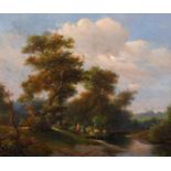 19th Century Dutch School. A River Landscape with Figures, Oil on Panel, 7.75” x 9.25” (19.6 x 23.
