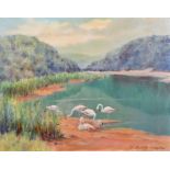 Deirdre Henty-Creer (1925-2012) Australian/British. Flamingos in a River Landscape, Oil on Canvas,