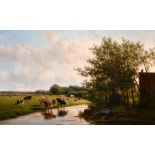 Willem Vester (1824-1895) Dutch. A River Landscape with Cattle and a Figure by Farm Buildings, Oil