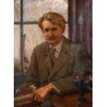 20th Century English School. A Seated Man with a Moustache, Oil on Canvas, Signed with Monogram