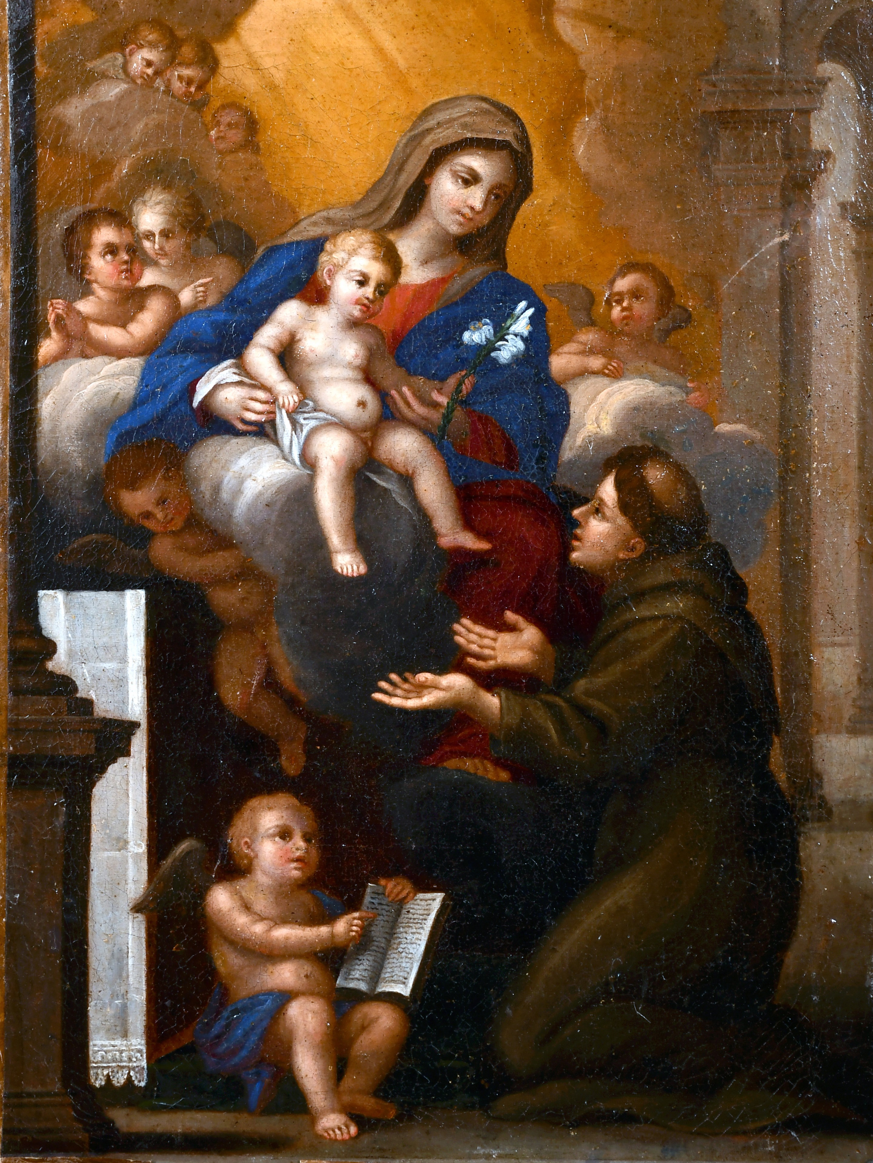 17th Century Italian School. The Madonna and Child with Attendants, Oil on canvas, Unframed, 16” 12”