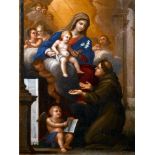 17th Century Italian School. The Madonna and Child with Attendants, Oil on canvas, Unframed, 16” 12”