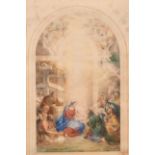 19th Century Italian School. The Holy Family, Watercolour, Arched, 14.5” x 8.75” (36.8 x 36.8cm)