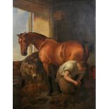 After Edwin Henry Landseer (1802-1873) British. “Shoeing”, in the Blacksmith's, Oil on Canvas, 56” x