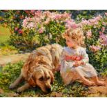 Konstantin Razumov (1974- ) Russian. “Little Girl and her Dog". Oil on Canvas, Signed in Cyrillic,