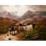 Frank Bennett (19th-20th Century) British. A Mountainous River Landscape with Highland Cattle, Oil