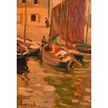 Attributed to William John Leech (1881-1968) Irish. “Concarneau”, a Harbour Scene with Boats, Oil on