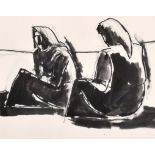 Josef Herman (1911-2000) Polish/British. "Two Peasant Women Resting", Ink and Brush, Inscribed on