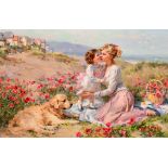 Konstantin Razumov (1974- ) Russian. "Mother and Child in the Dunes", with a Dog, Oil on Canvas,