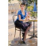 Konstantin Razumov (1974- ) Russian "In the Cafe", a Young Lady with a Cocktail Oil on Canvas Signed