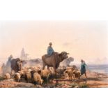 William James Muller (1812-1845) British. “A Bedouin Flock”, with Pyramids of Giza in the