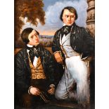 Manner of Alfred Edward Chalon (1780-1860) Swiss/British. Two Men on a Terrace, Oil on Board, 4.5” x