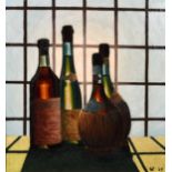 W (20th Century) British. Still Life of Bottles of Wine, Oil on canvas, Signed with the initial '