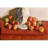 Early 20th Century English School. Still Life of Fruit with a Marble Bust, Oil on canvas, 14" x