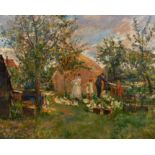 Ethel Walker (1861-1951) British. A Farm Scene, with Figures and Chickens Oil on Canvas, Signed