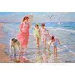 Alexander Averin (1952- ) Russian. “Walk along the Sea”, a Mother with Three Children and a Dog, Oil