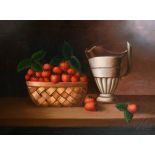 K… Mills (20th Century) Continental. Still Life with Strawberries in a Basket with a Jug, Oil on