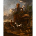 Early 18th Century Dutch School. Figures on Horses outside a Blacksmith, Oil on Canvas, In a Fine