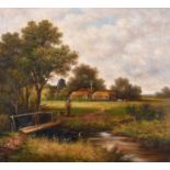 20th Century Continental School. A River Landscape with Figures, Oil on Canvas, 18” x 20” (45.7 x