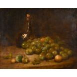 Antoine Vollon (1833-1900) French. Still Life of Plums with a Wine Bottle, Oil on canvas, Signed,