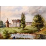 20th Century European School. A River Landscape with a Chateau and Figures in the foreground, Oil on