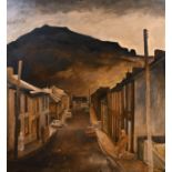 George Chapman (1908-1993) British. A Welsh Mining Village with Figures and Cars on a Street, Oil on