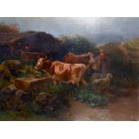 19th Century European School. A Herdsman and Cattle by a Water Trough, Oil on Canvas, Indistinctly